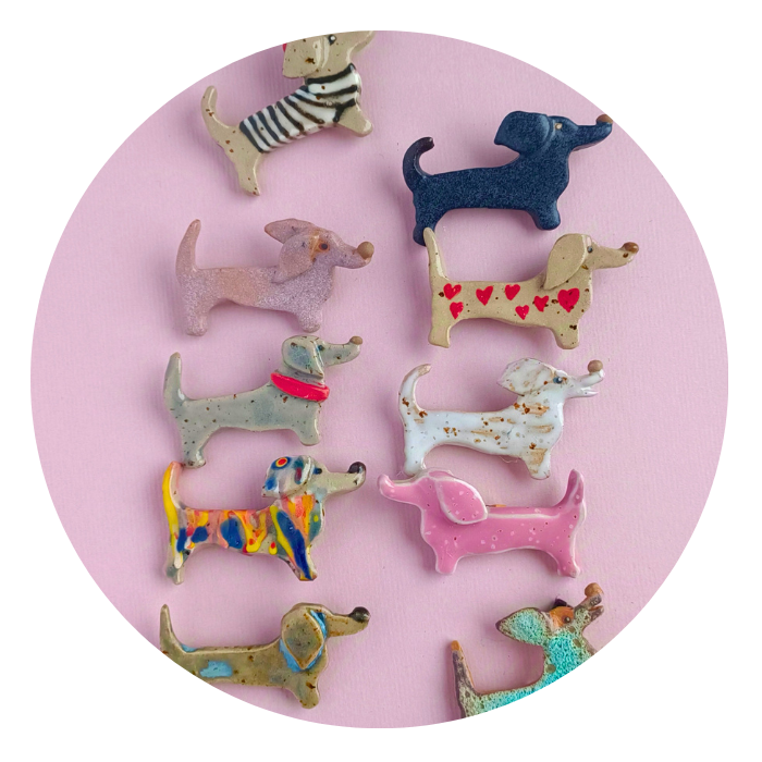 handmade ceramic dachund dog brooches