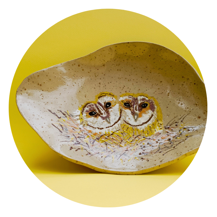 ceramic handmade plate birds owls